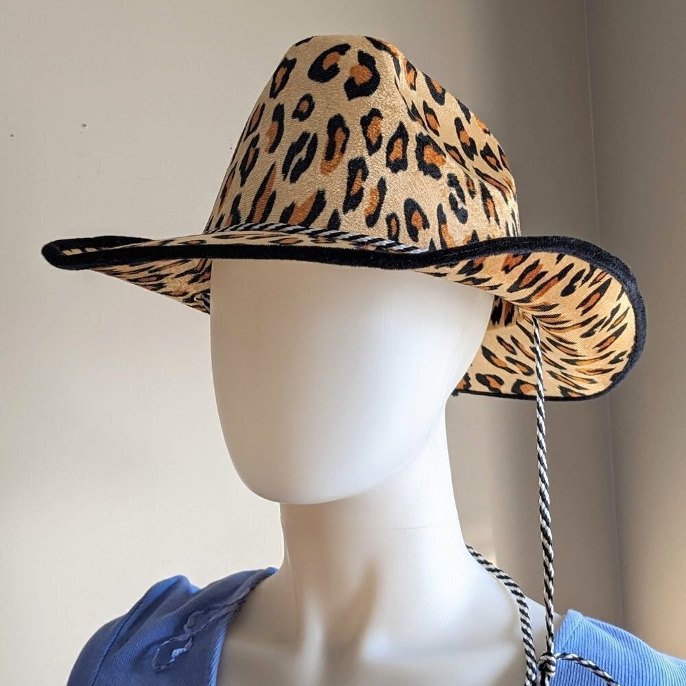 Fuzzy Leopard Print Cowboy Hat with string